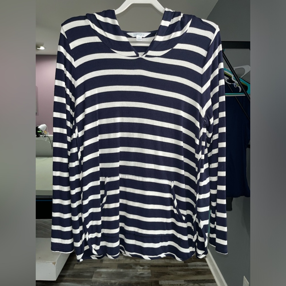 Market & Spruce navy and white striped long sleeve hooded shirt 1X